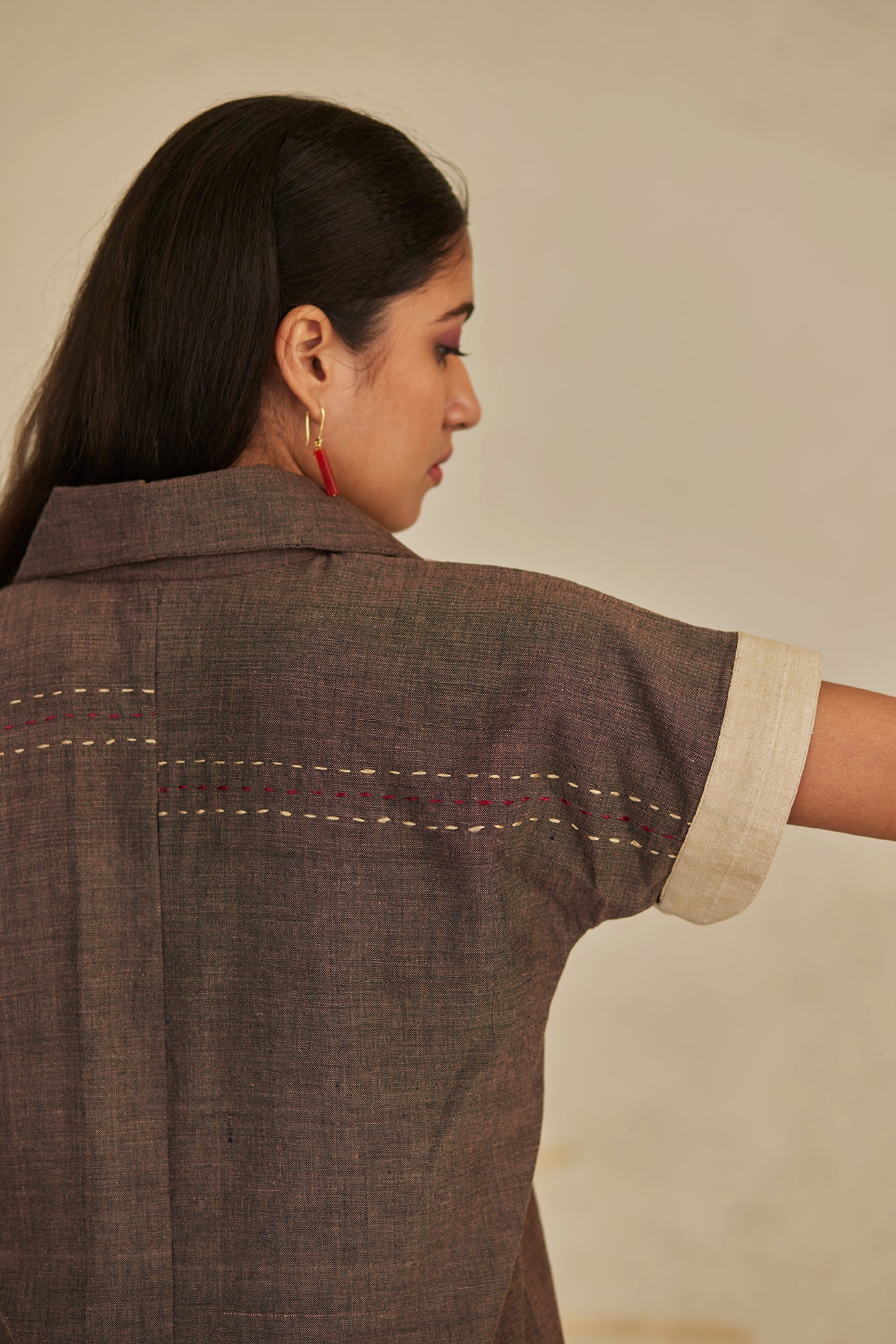 Cotton Dark Brown Embroidered Top