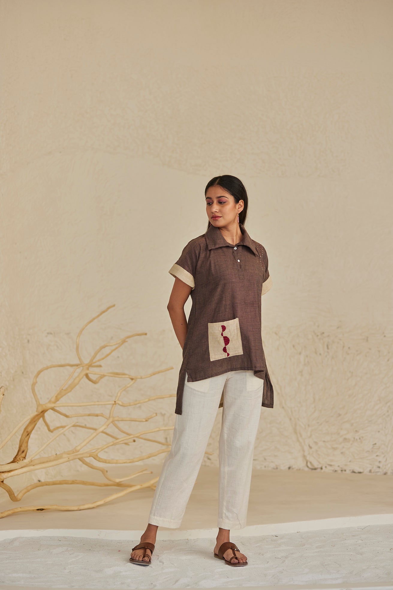Cotton Dark Brown Embroidered Top