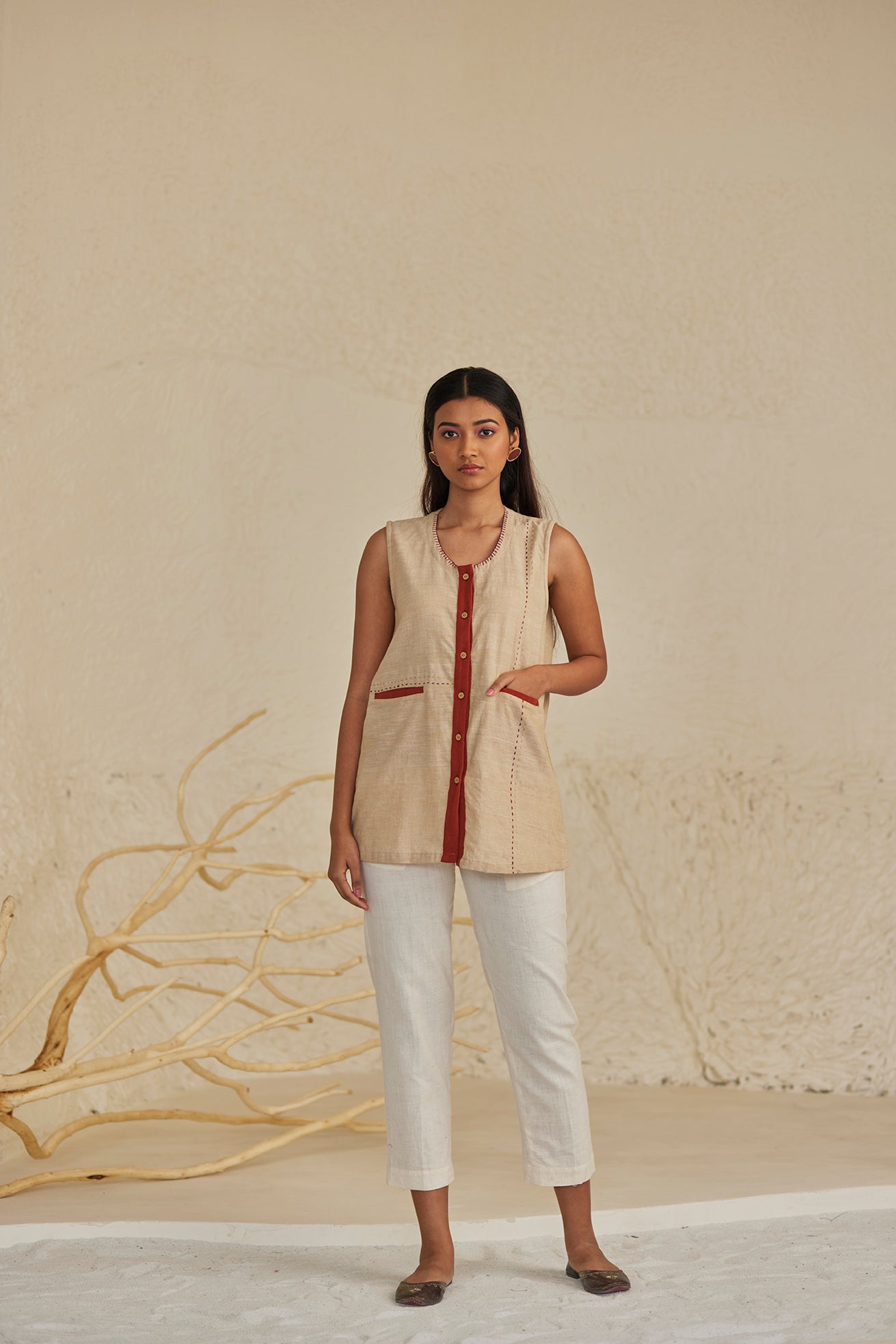 Cut Sleeves Beige Top