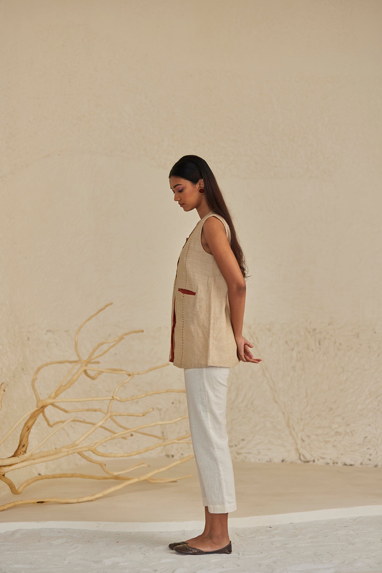 Cut Sleeves Beige Top
