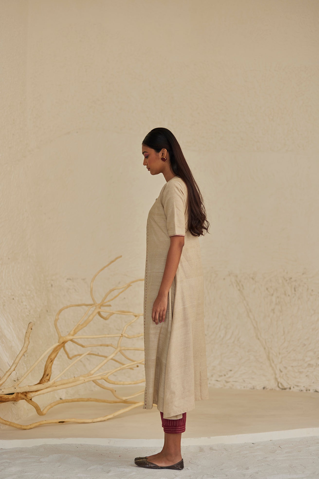 Overlay Beige Cotton Kurta