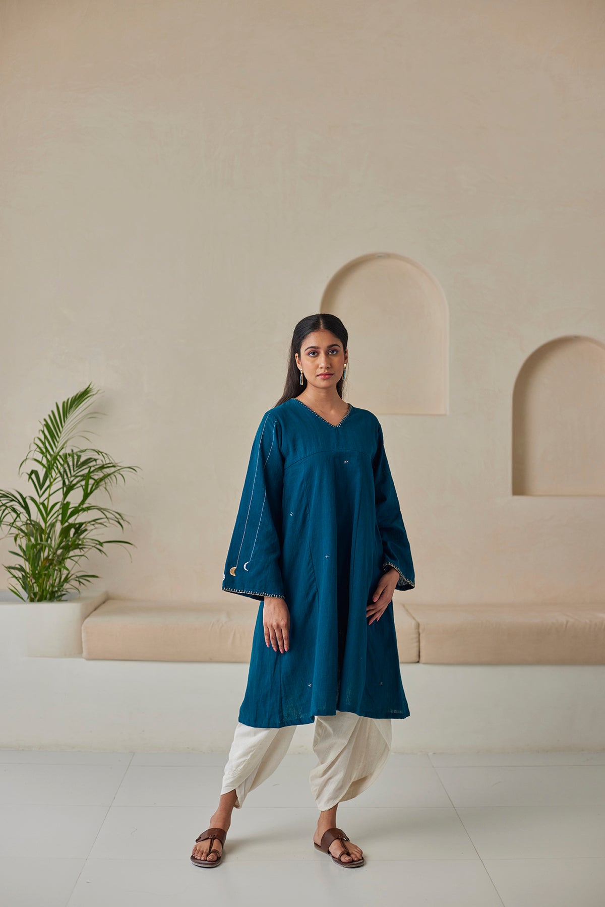 Indigo Embroidered Cotton Kurta