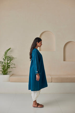 Indigo Embroidered Cotton Kurta