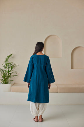 Indigo Embroidered Cotton Kurta