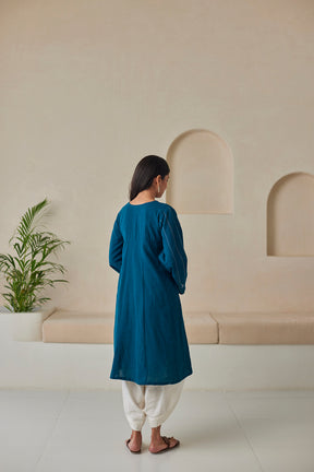 Indigo Embroidered Cotton Kurta