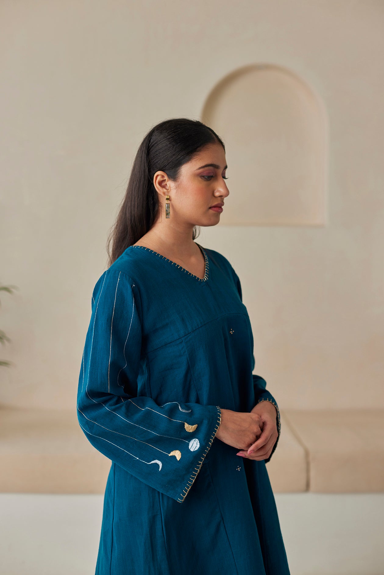 Indigo Embroidered Cotton Kurta